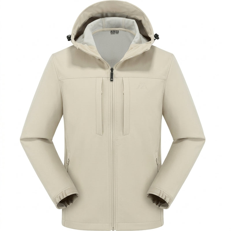 Men's hooded softshell jacket with zip front in beige