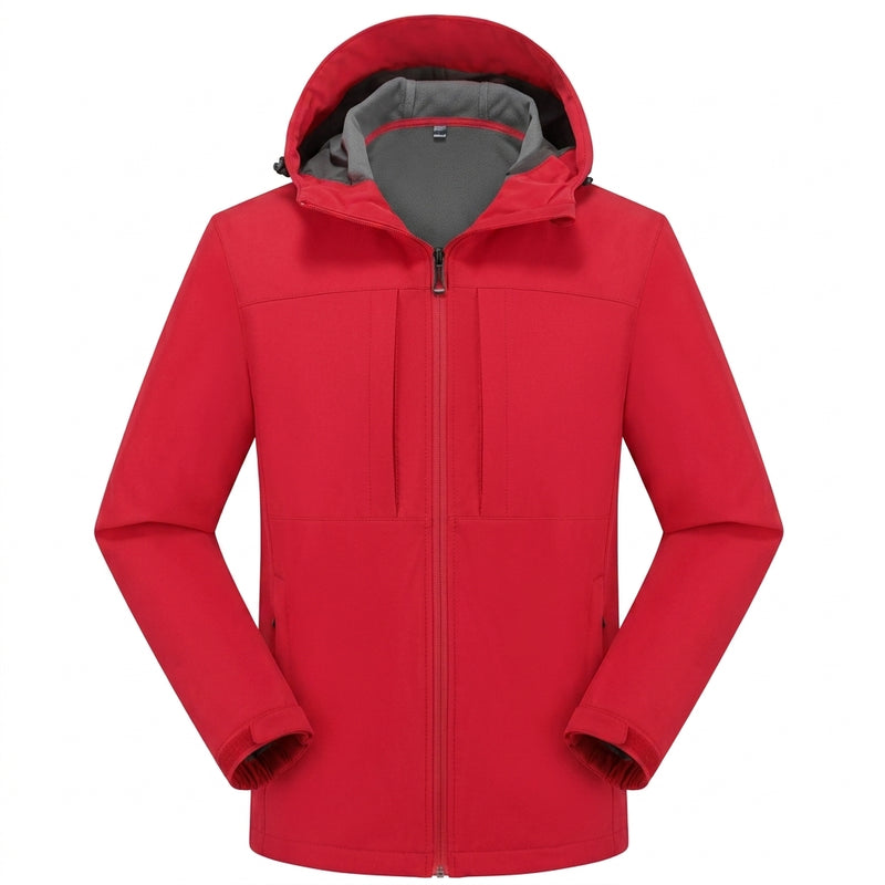 Men's hooded softshell jacket with zip front in red