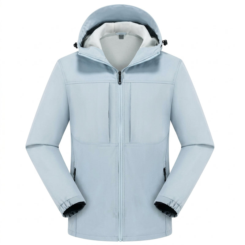 Men's hooded softshell jacket with zip front in ice blue