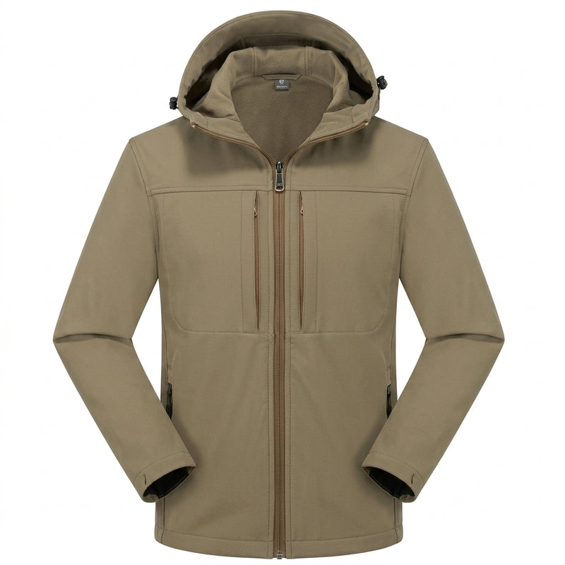 Men's hooded softshell jacket with zip front in khaki