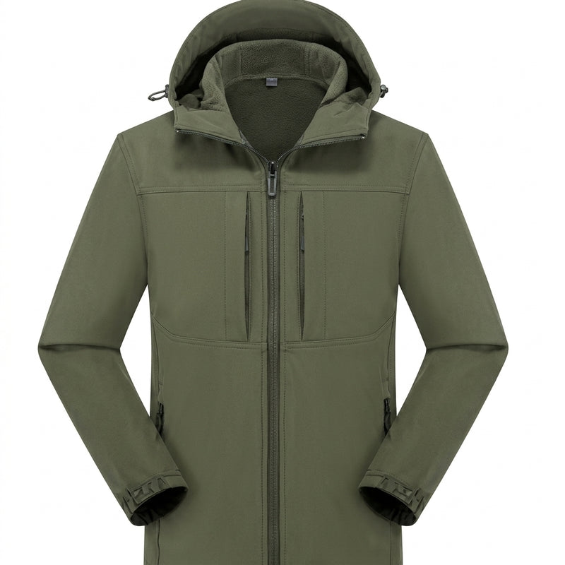 Men's hooded softshell jacket with zip front in olive green