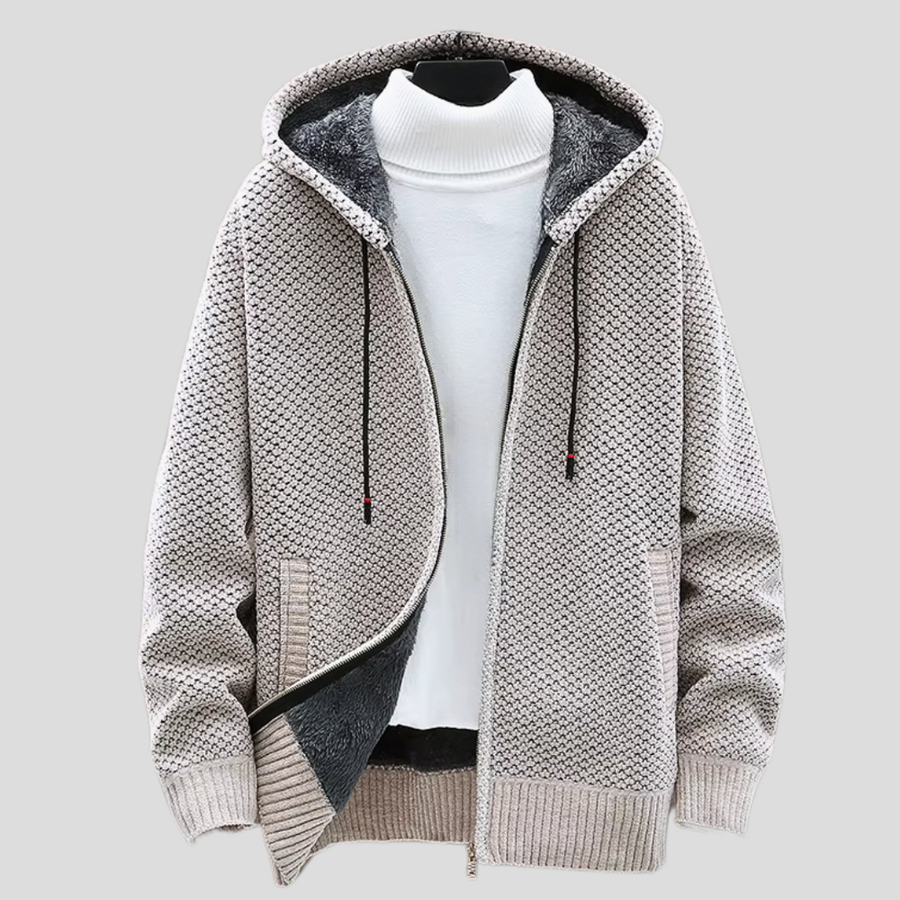 Men's Hooded Zip-Up Knit Cardigan with Plush Lining for Cold Days