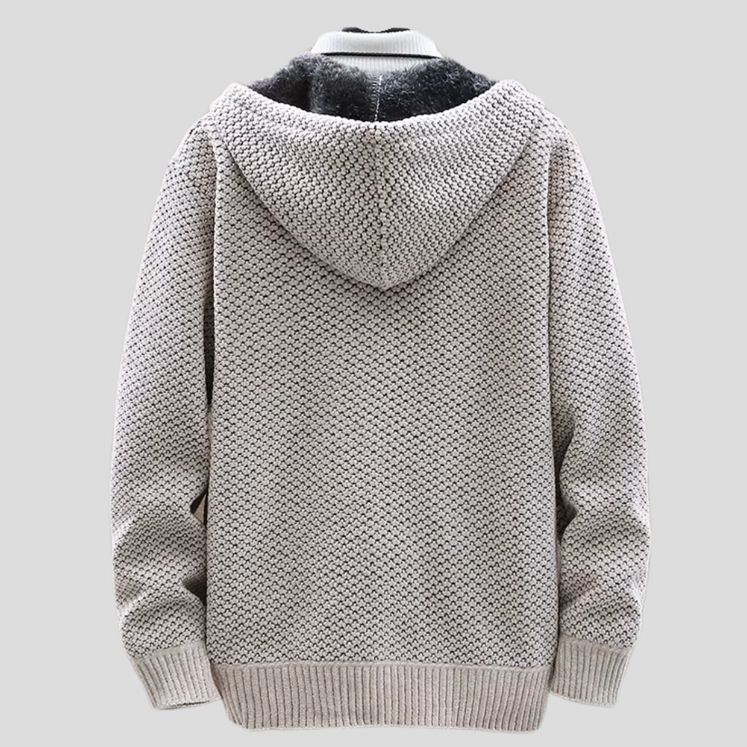 Men's beige hooded knit cardigan – back view