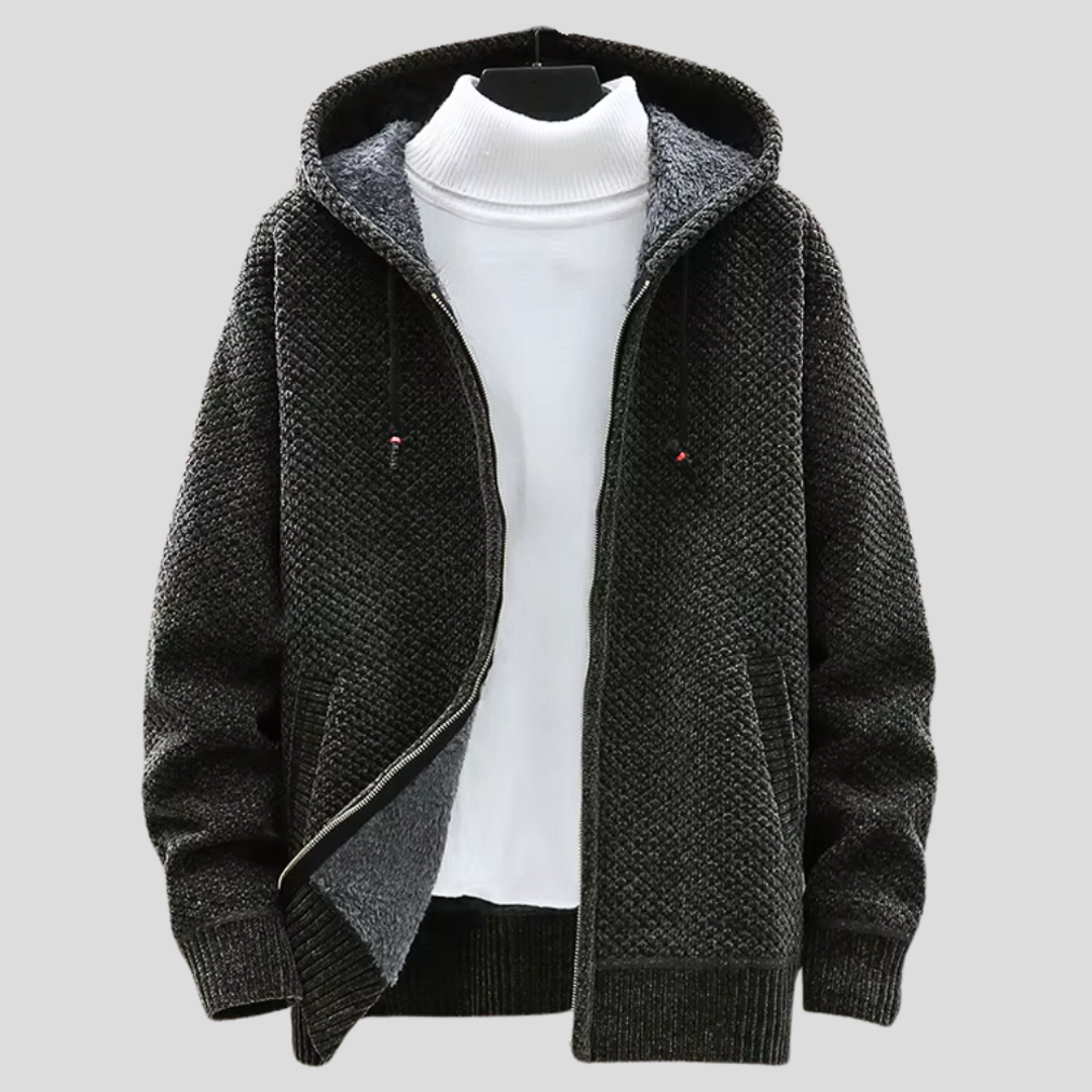 Men's hooded zip-up knit cardigan in dark green – front view