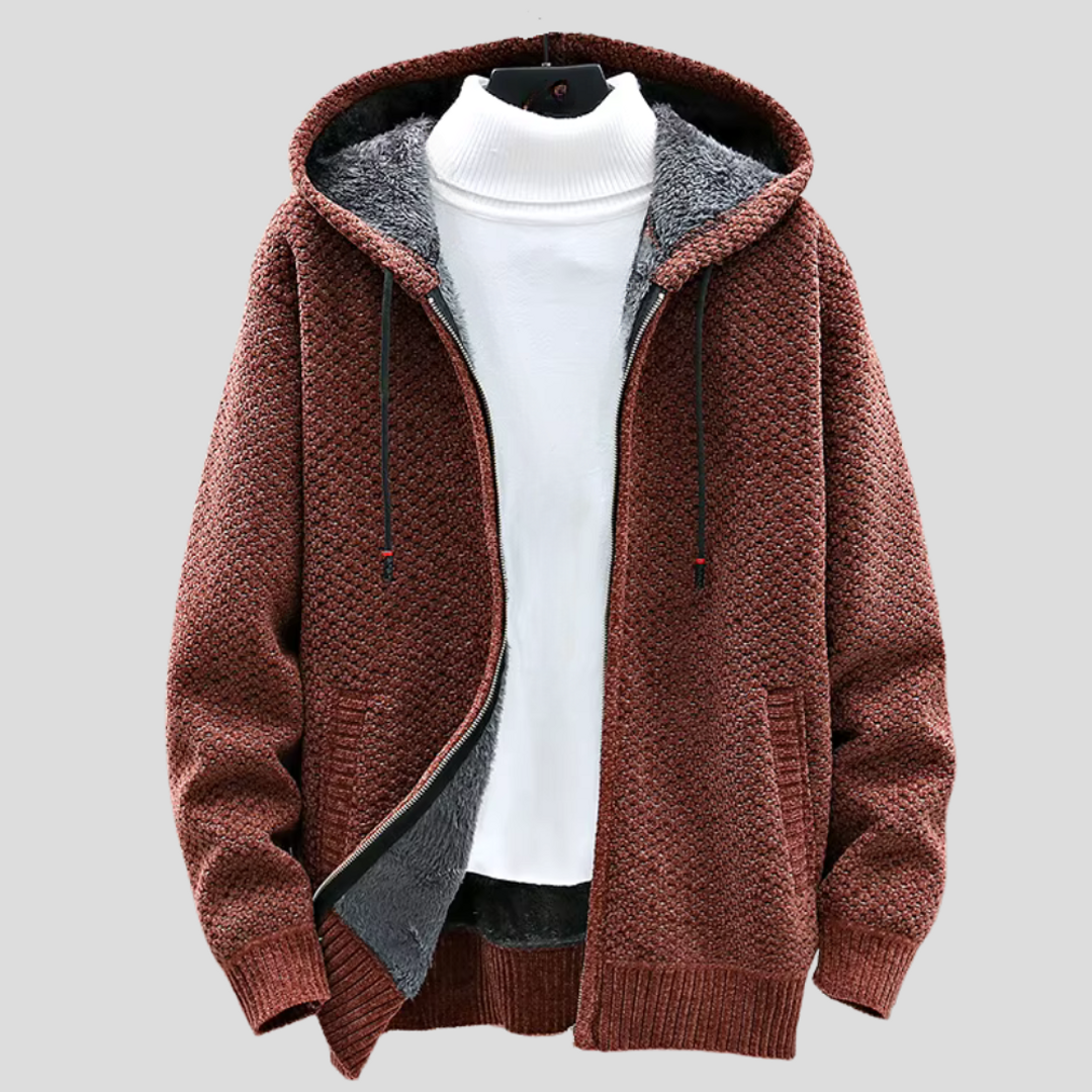 Men's hooded zip-up knit cardigan in rust brown – front view