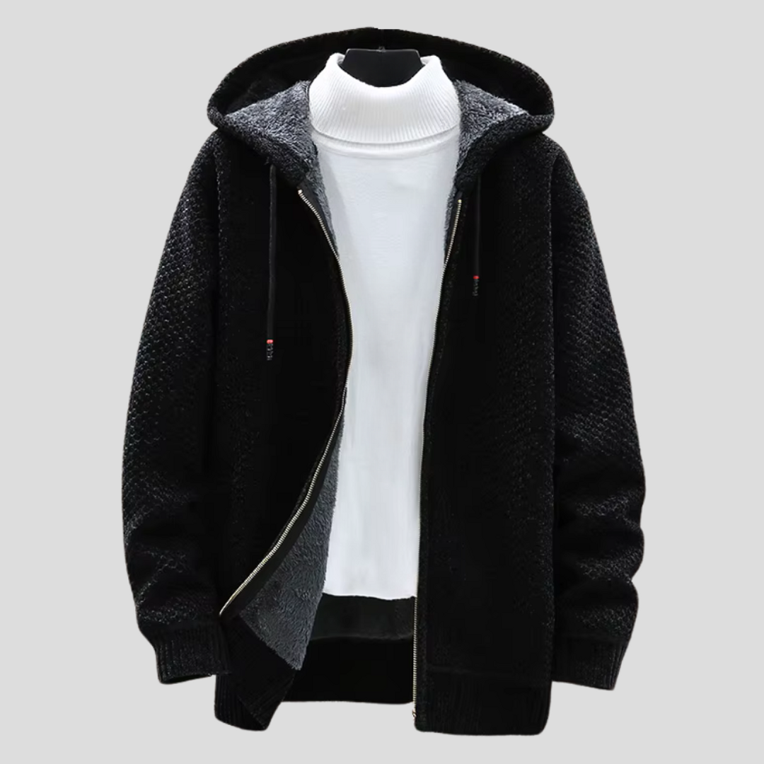 Men's hooded zip-up knit cardigan in black – front view
