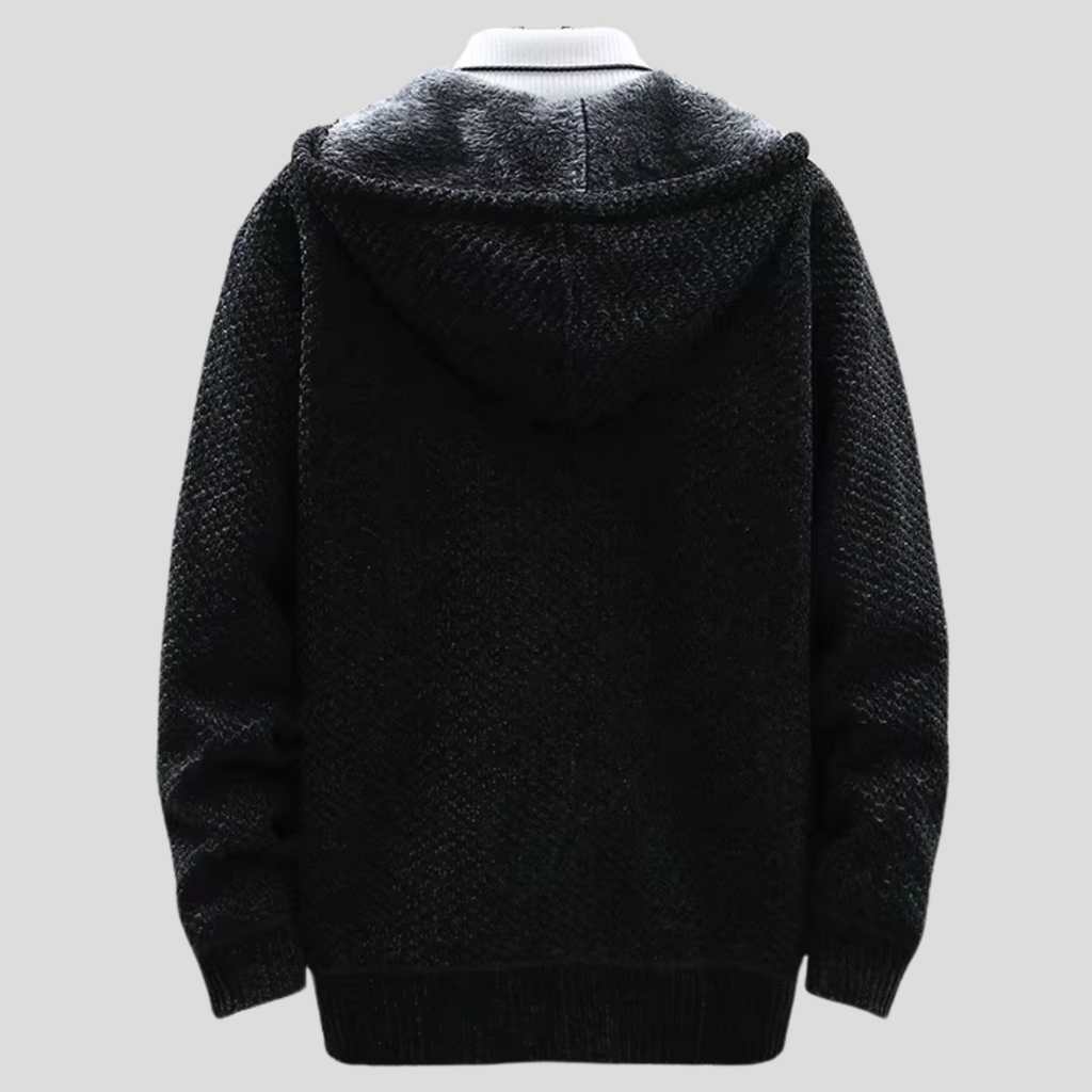 Men's black hooded knit cardigan – back view