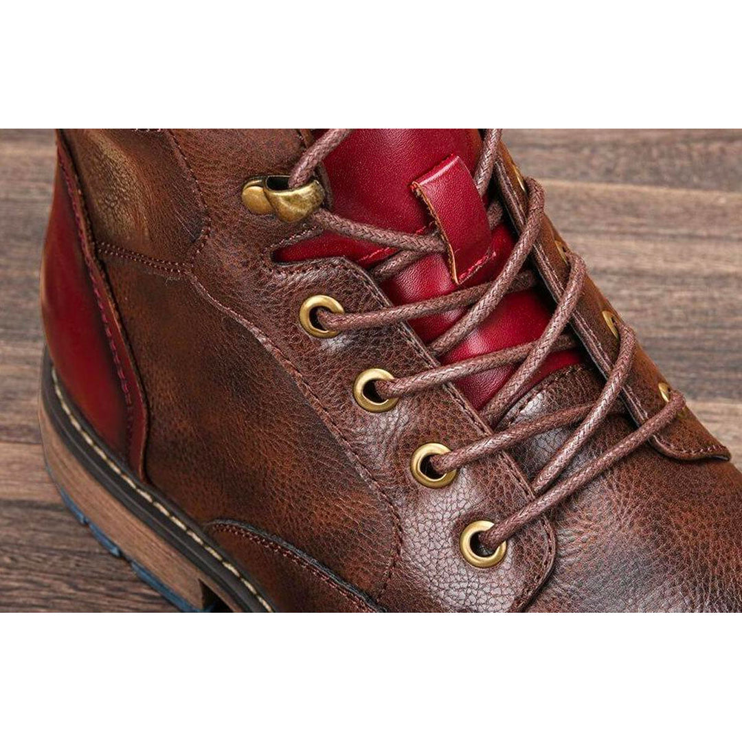 Close-up of the laces and eyelets on the brown boot