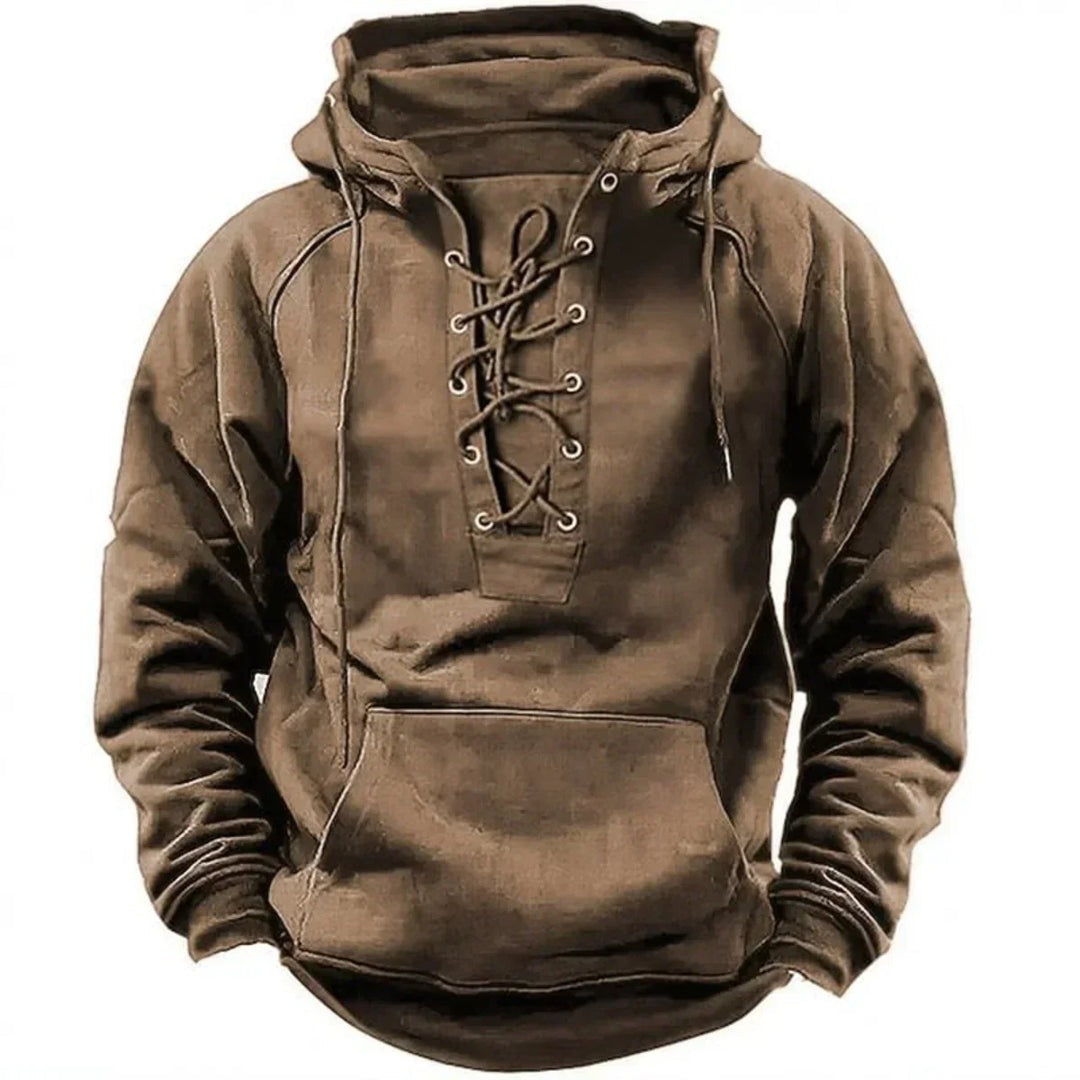 Men's lace-up hoodie with kangaroo pocket in khaki
