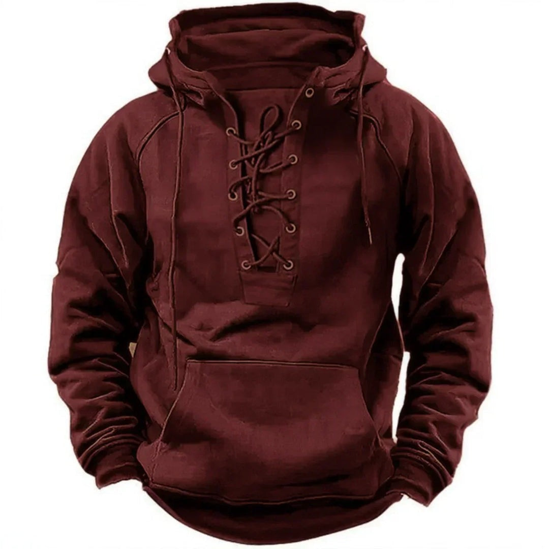 Men's lace-up hoodie with kangaroo pocket in burgundy