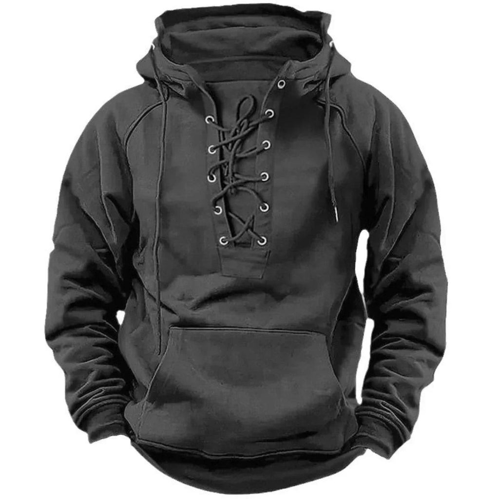 Men's lace-up hoodie with kangaroo pocket in dark grey