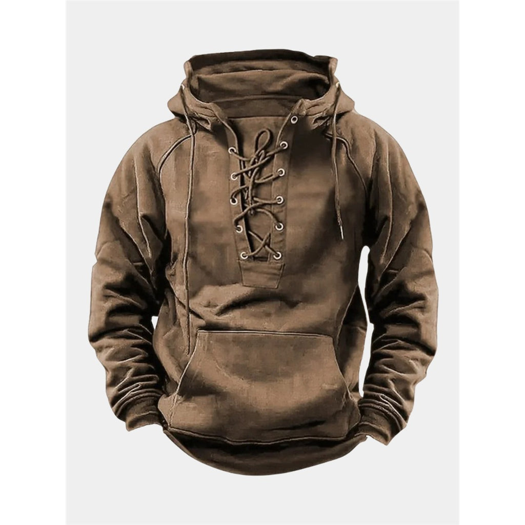 Men's lace-up hoodie with kangaroo pocket in khaki, flat view