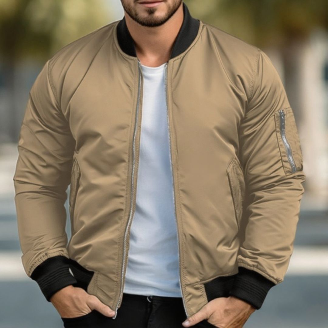 Men's Light Bomber Jacket with Sleeve Pocket in khaki