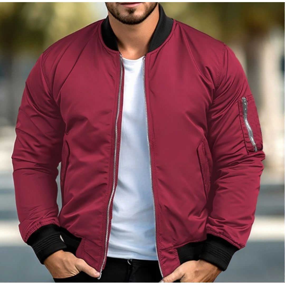 Men's Light Bomber Jacket with Sleeve Pocket in burgundy