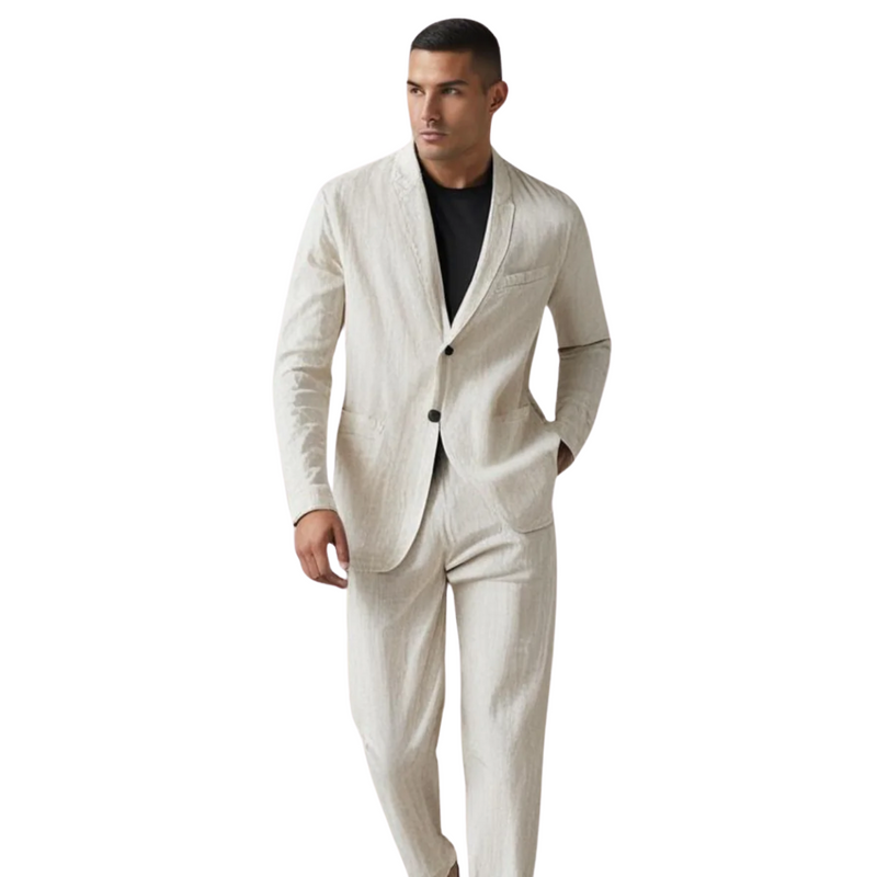 Man wearing the light cardigan and trousers set