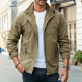 Man wearing a khaki hooded cargo jacket