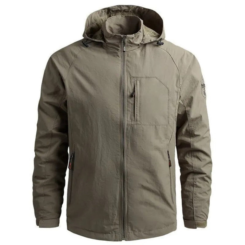 Men's khaki lightweight hooded jacket – product view