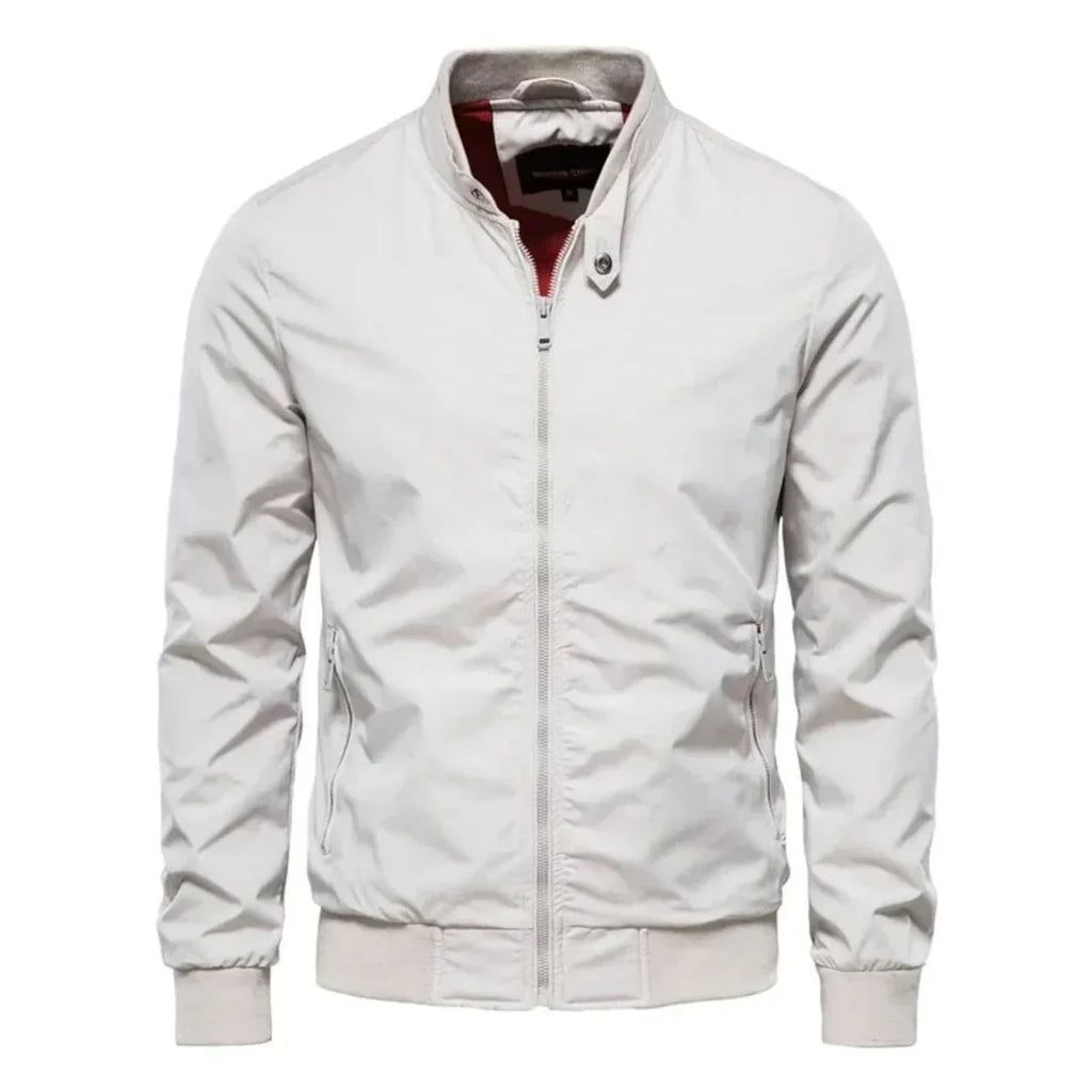 Men's white zip jacket with stand collar