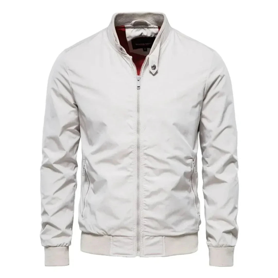 Men's white zip jacket with stand collar