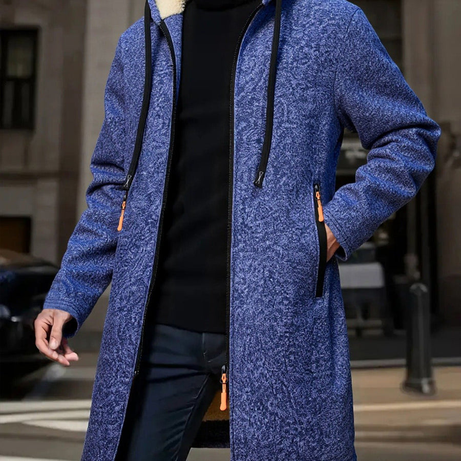 Men's Long Hooded Melange Coat with Zip Front for Cool Days
