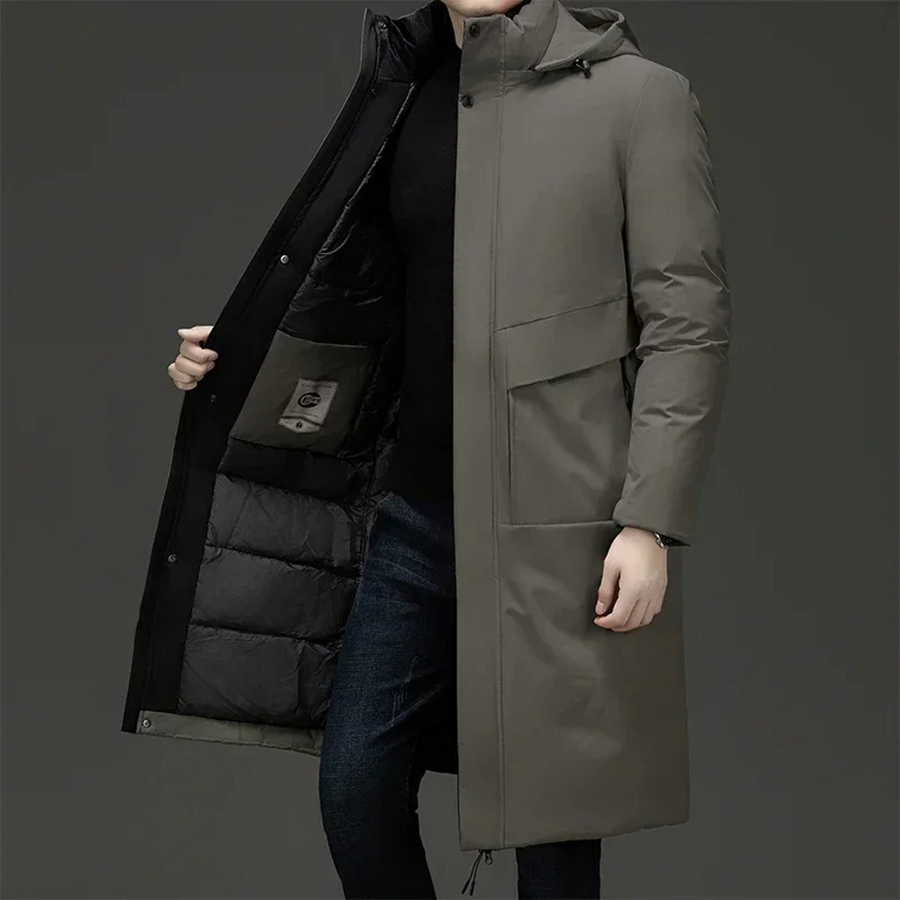 Men's Long Hooded Winter Coat with Quilted Lining for Cold Days