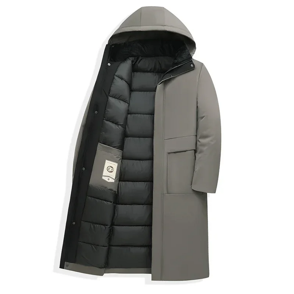 Men's grey long coat with quilted lining – open view