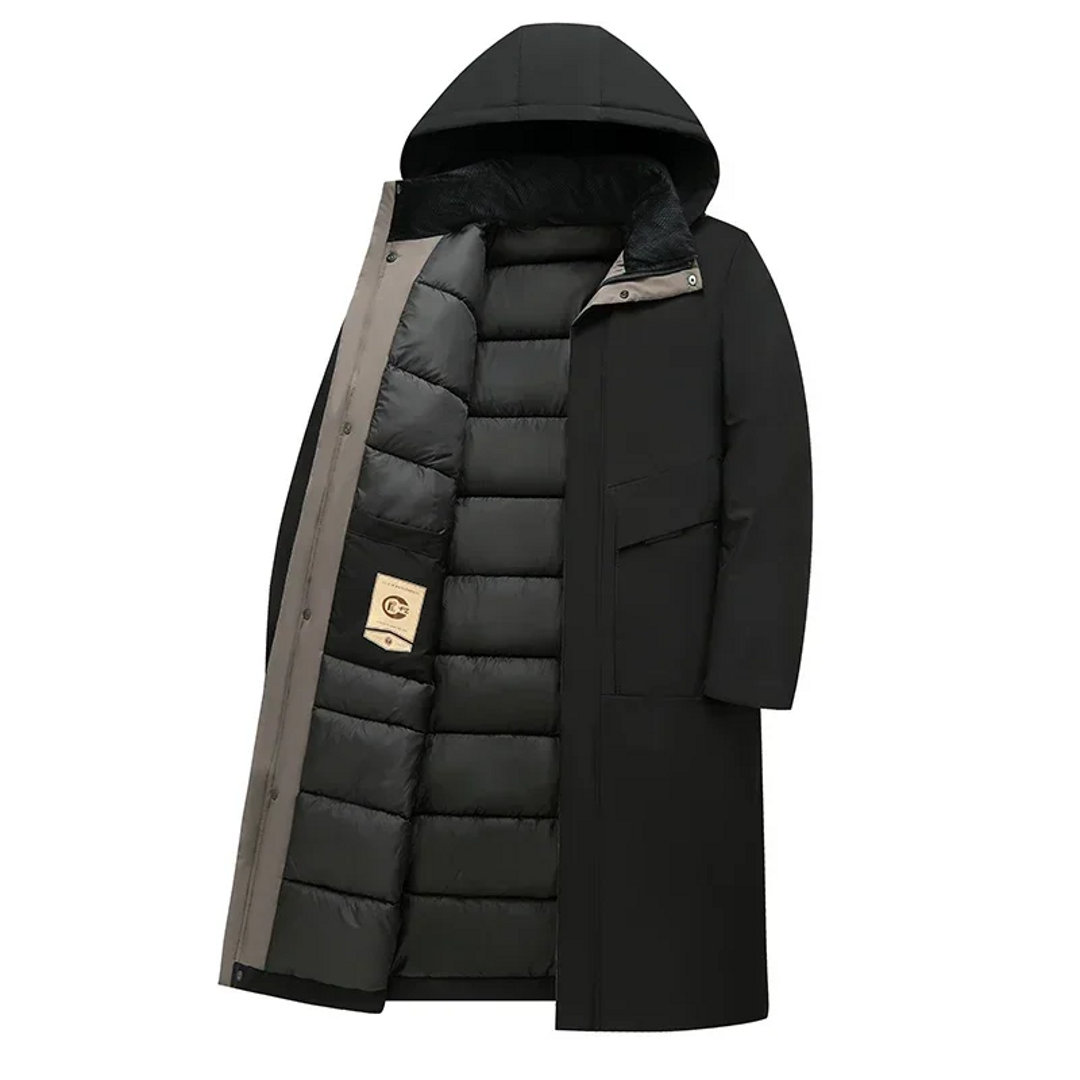 Men's black long coat with quilted lining – open view
