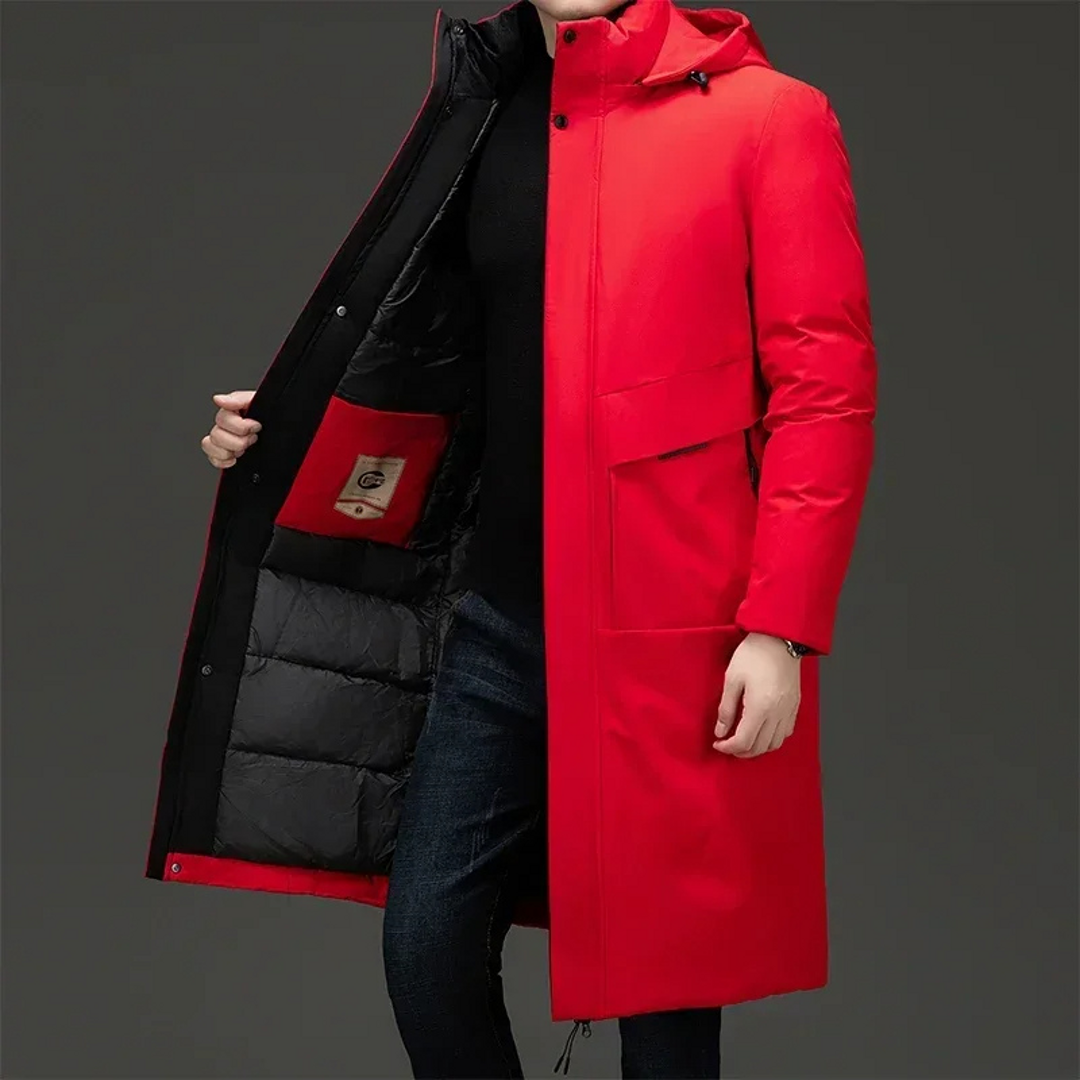 Man wearing a red long hooded winter coat