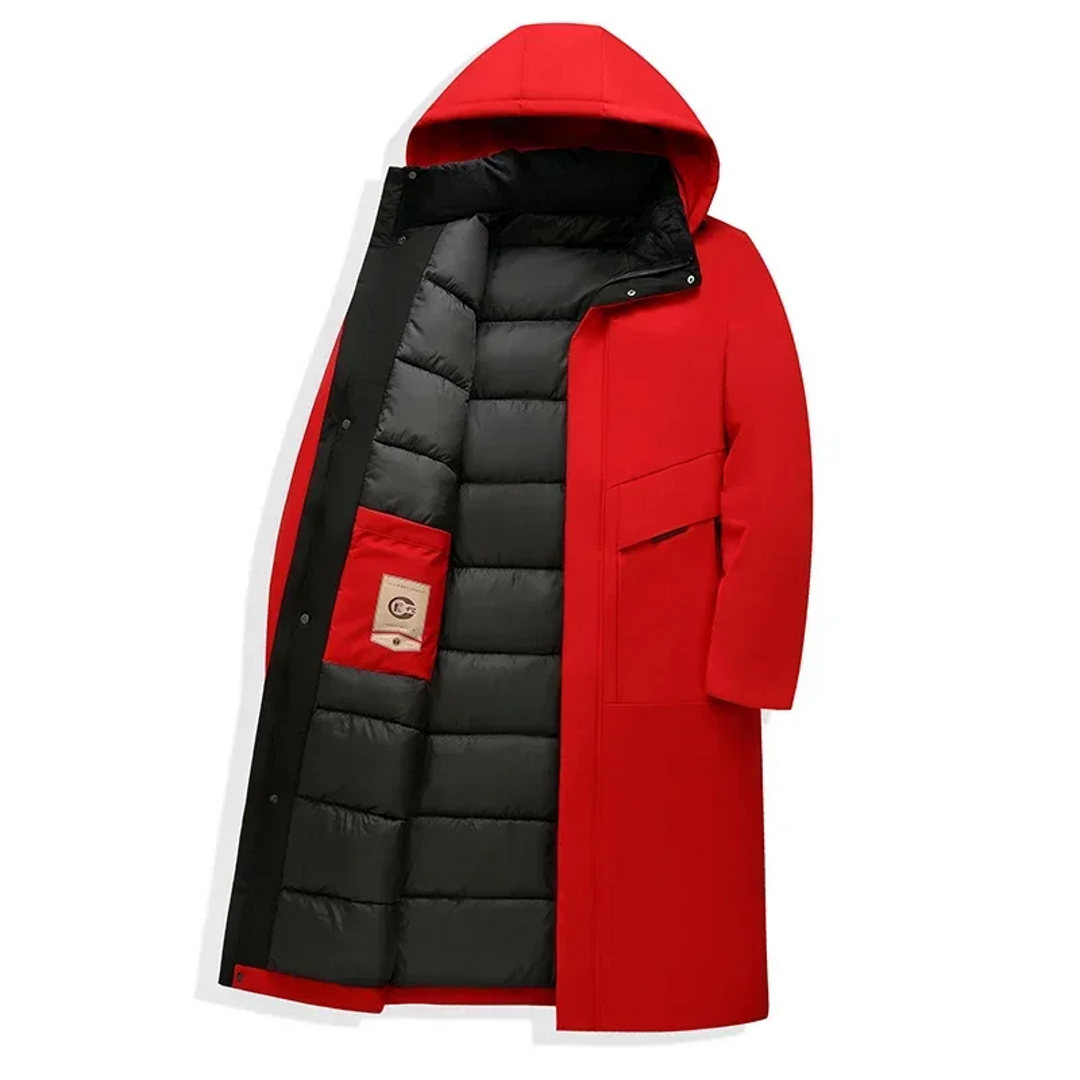 Men's red long coat showing the quilted lining