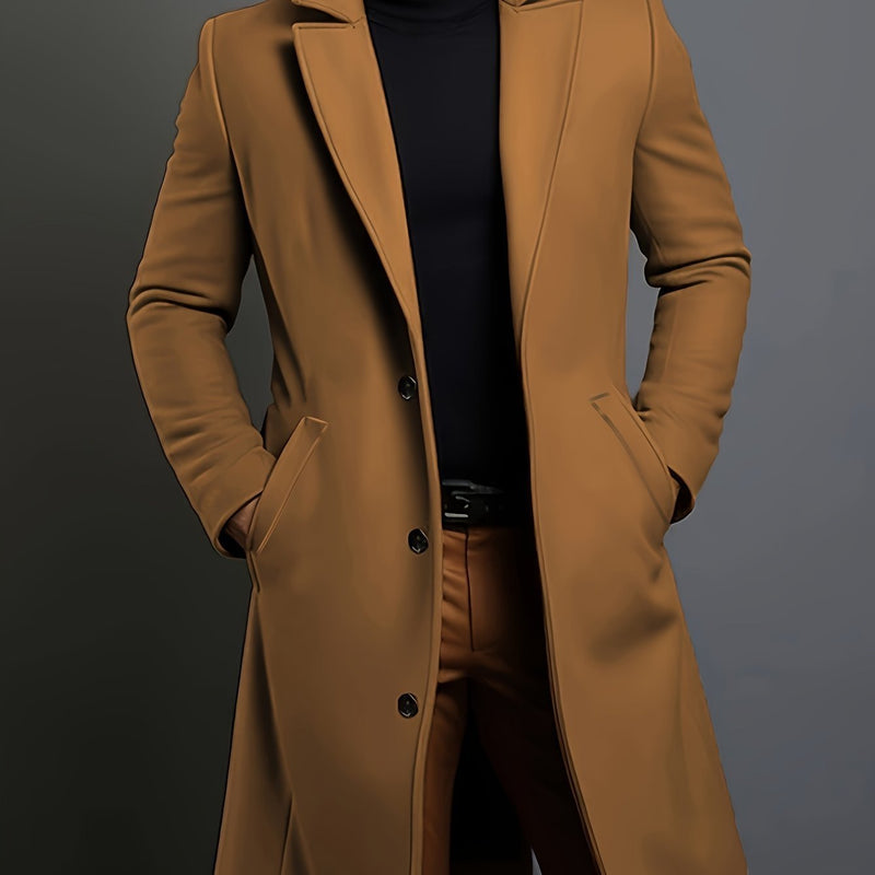 Men's Long Overcoat with Notched Lapels for Autumn Winter