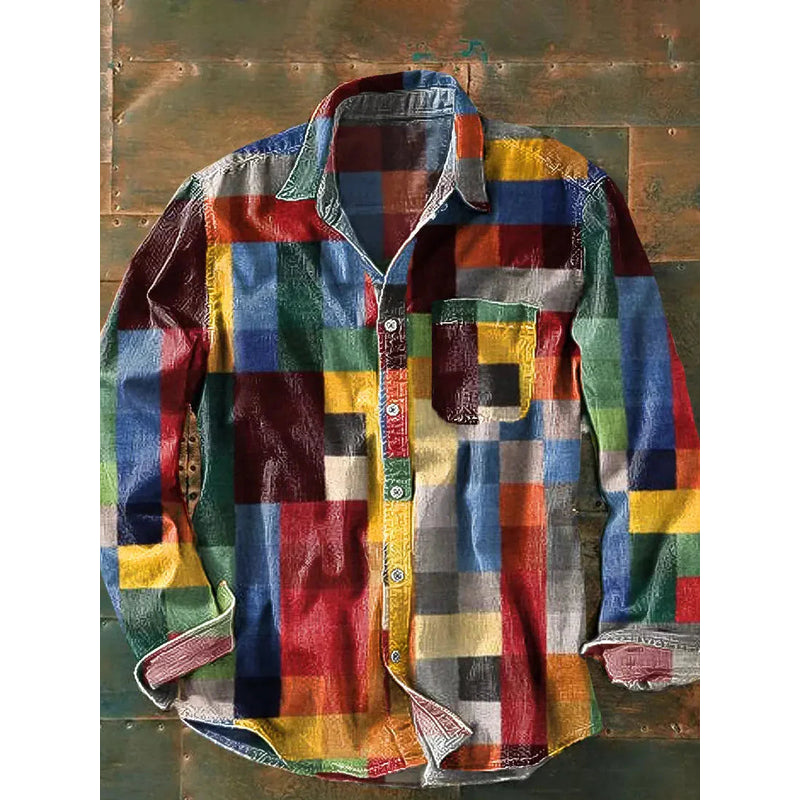 Men's long sleeve patchwork shirt in multicolour