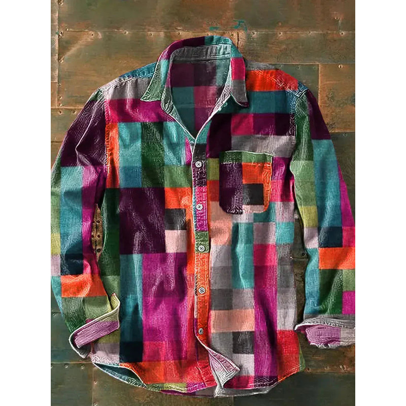 Men's long sleeve patchwork shirt in pink