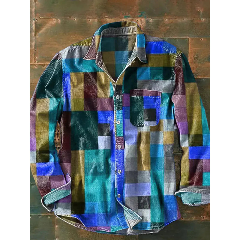 Men's long sleeve patchwork shirt in blue
