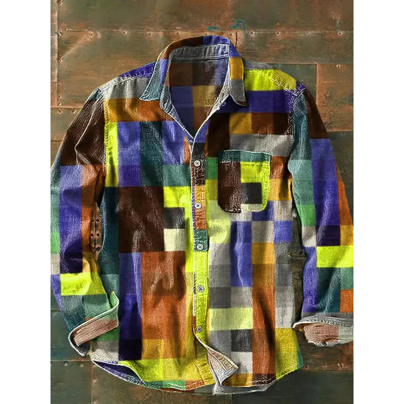 Men's long sleeve patchwork shirt in yellow