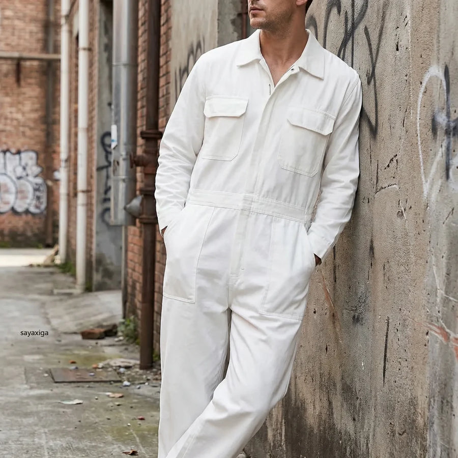 Men's Long Sleeve Utility Jumpsuit with Chest Pockets for Casual Days