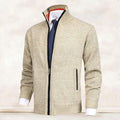 Men's beige melange zip-up cardigan with stand collar