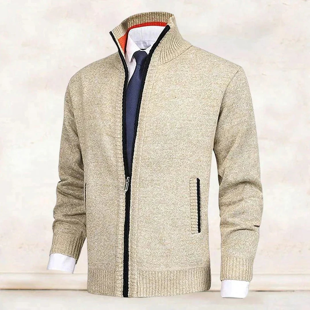 Men's beige melange zip-up cardigan with stand collar