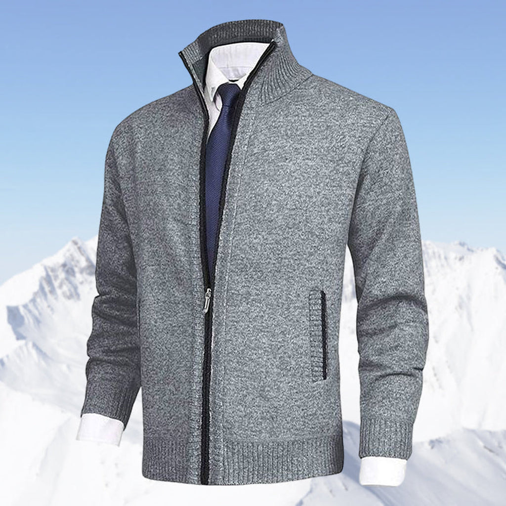 Men's grey zip-up knit cardigan