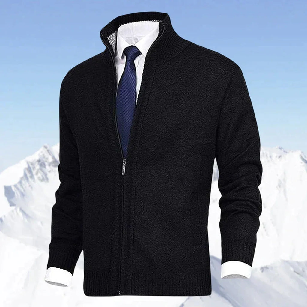 Men's black zip-up cardigan with stand collar