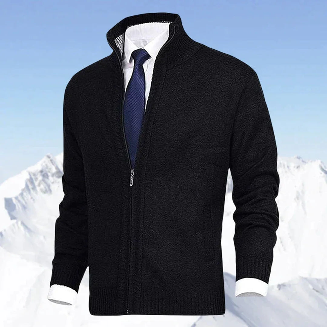 Men's black zip-up cardigan with stand collar