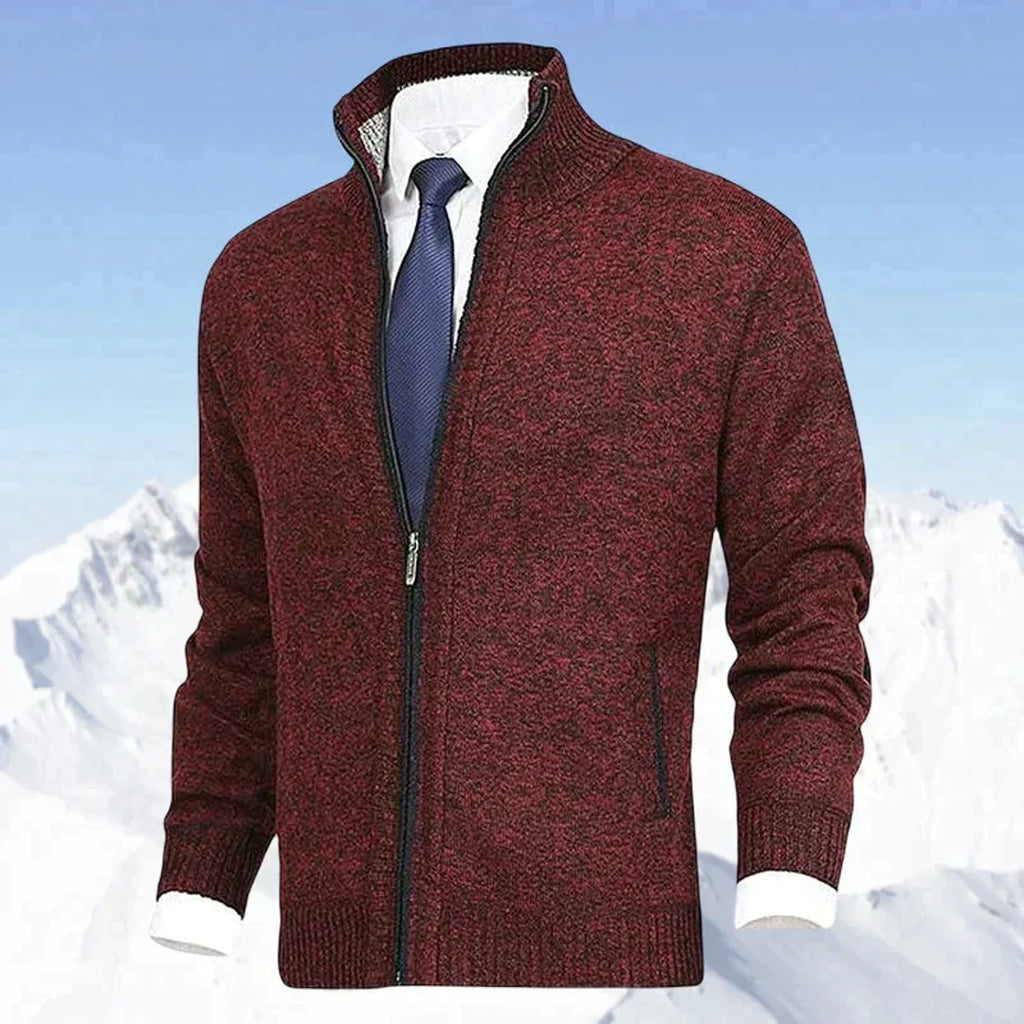 Men's dark red zip-up knit cardigan