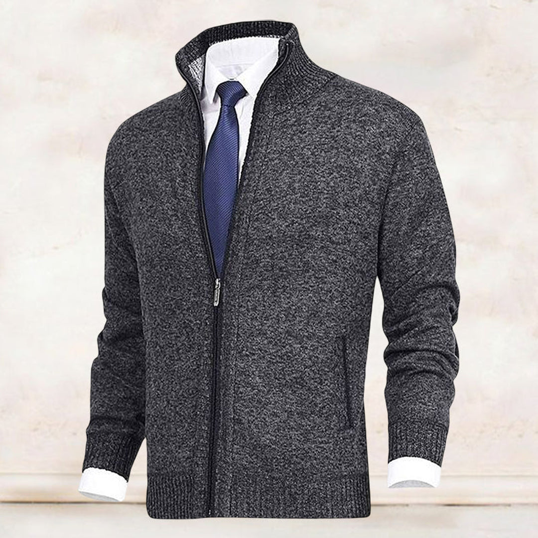 Men's dark grey zip-up cardigan – front view