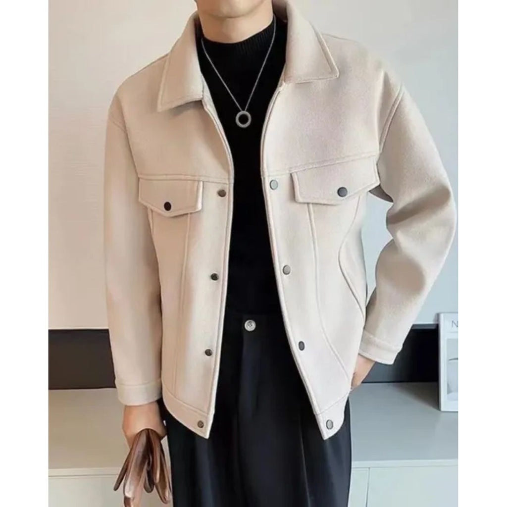 Men's Overshirt Jacket with Flap Chest Pockets in beige, worn open