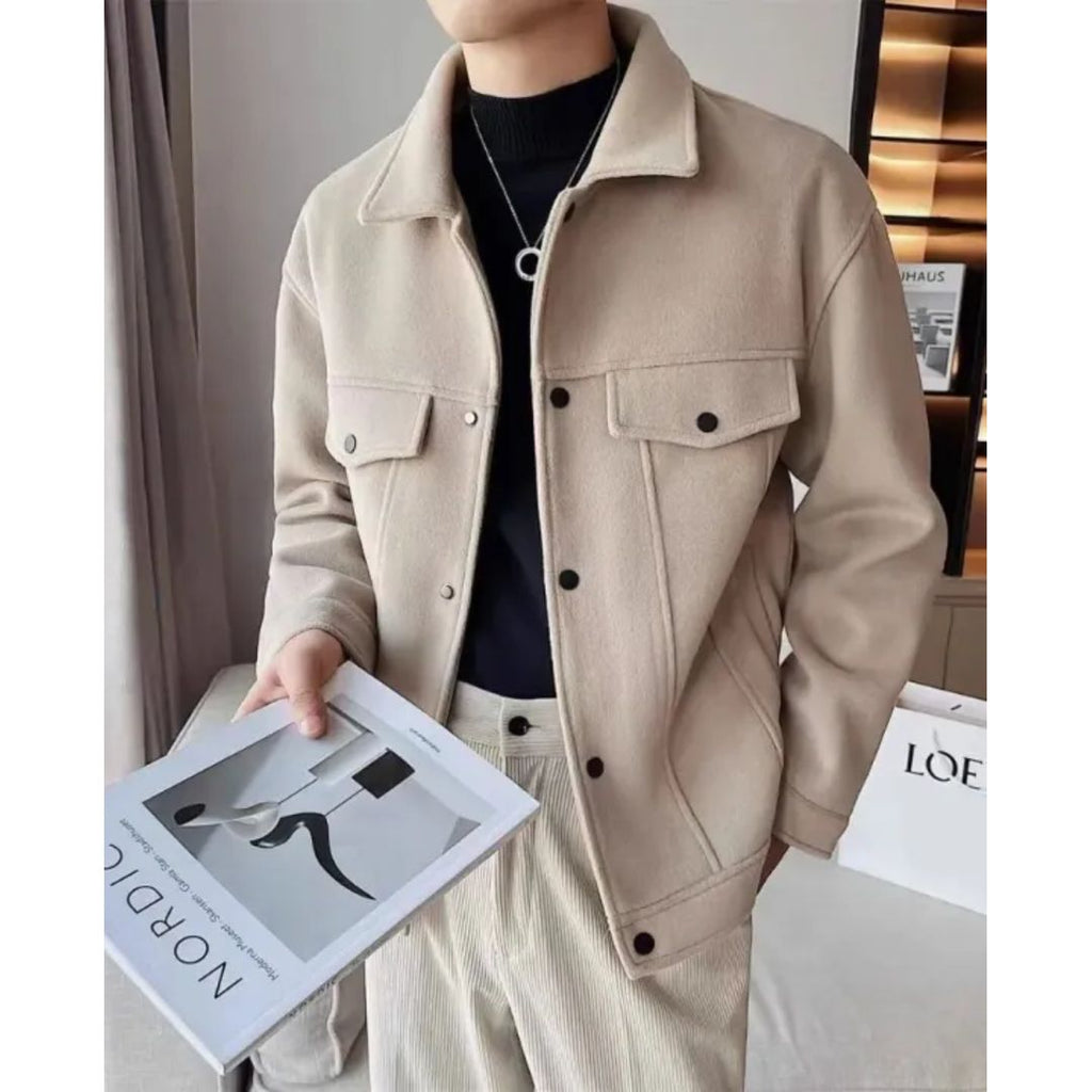 Men's Overshirt Jacket with Flap Chest Pockets in beige, side view
