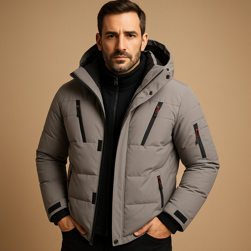 Men's padded winter jacket with stand collar in grey