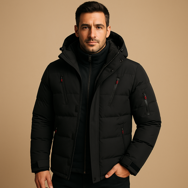 Men's padded winter jacket with stand collar in black