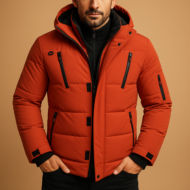 Men's padded winter jacket with stand collar in orange