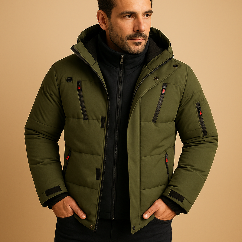 Men's padded winter jacket with stand collar in green