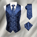 Men's navy blue paisley waistcoat set with tie and pocket square
