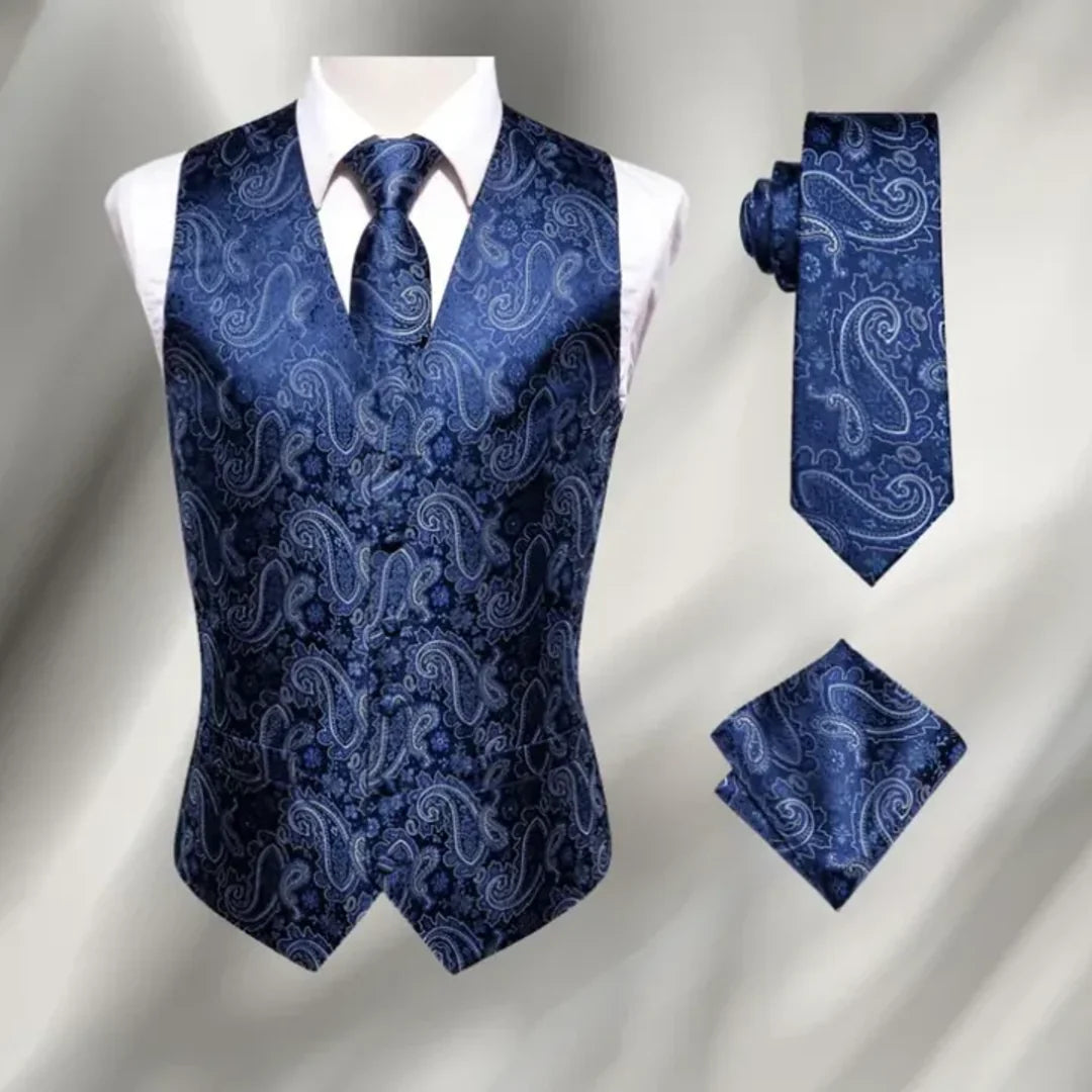Men's navy blue paisley waistcoat set with tie and pocket square